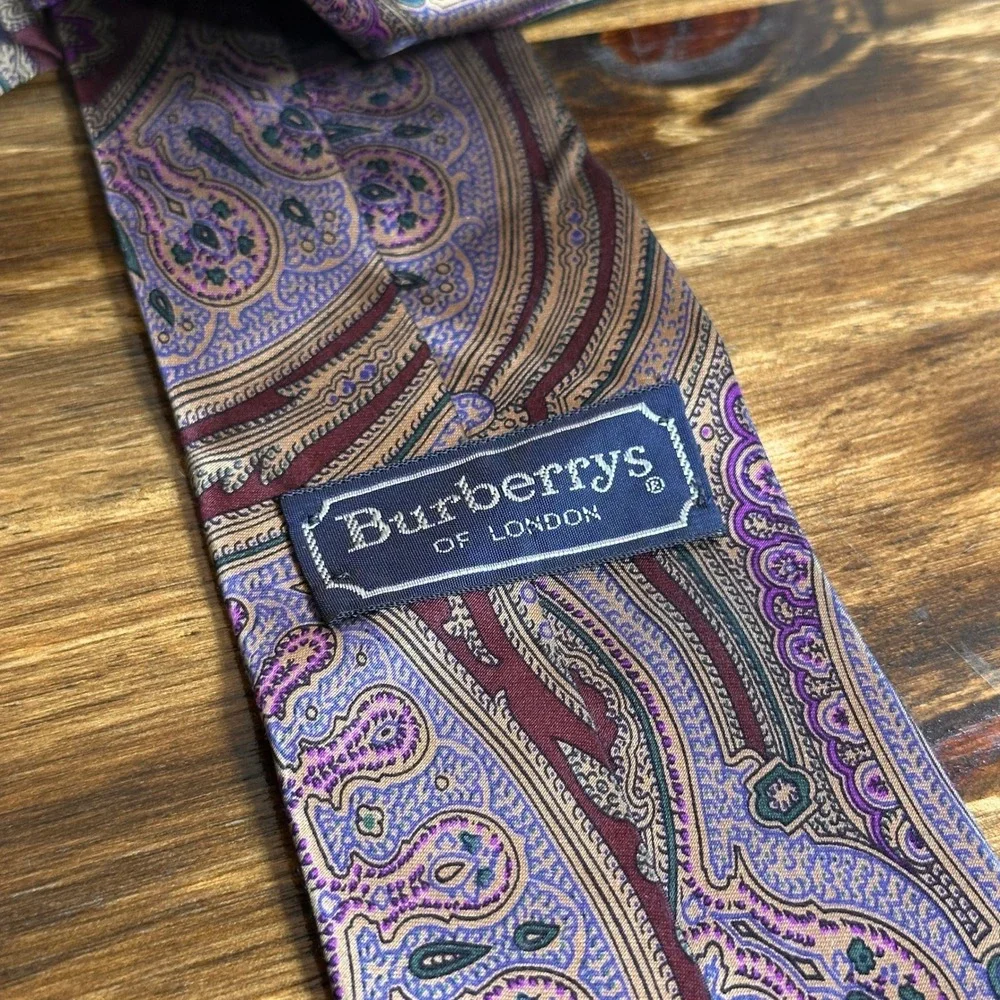 Vintage Burberry of London Silk Tie Burgundy Purple Paisley Men's Hand Sewn USA